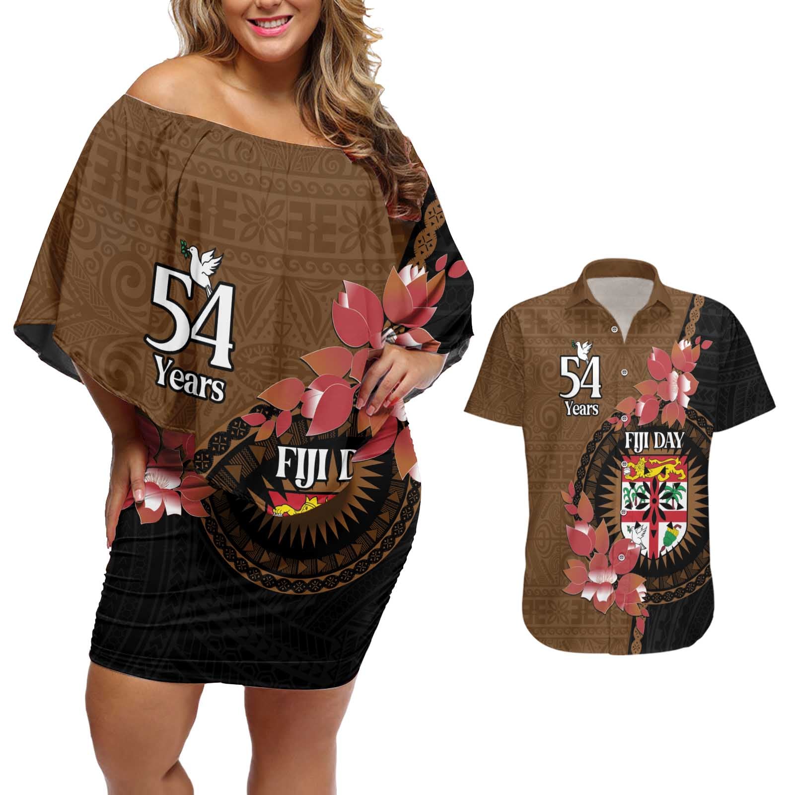 Personalised Fiji Day Couples Matching Off Shoulder Short Dress and Hawaiian Shirt Fijian Tapa Pattern Mix Tagimoucia - Brown Version