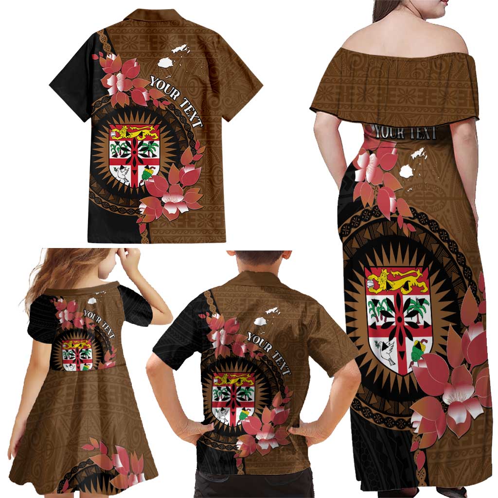 Personalised Fiji Day Family Matching Off Shoulder Maxi Dress and Hawaiian Shirt Fijian Tapa Pattern Mix Tagimoucia - Brown Version