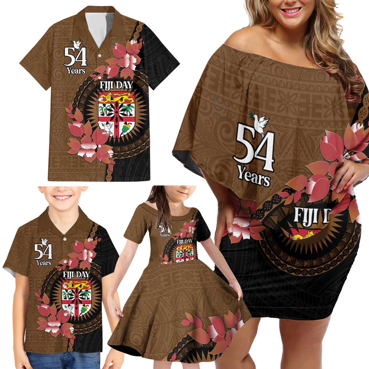 Personalised Fiji Day Family Matching Off Shoulder Short Dress and Hawaiian Shirt Fijian Tapa Pattern Mix Tagimoucia - Brown Version