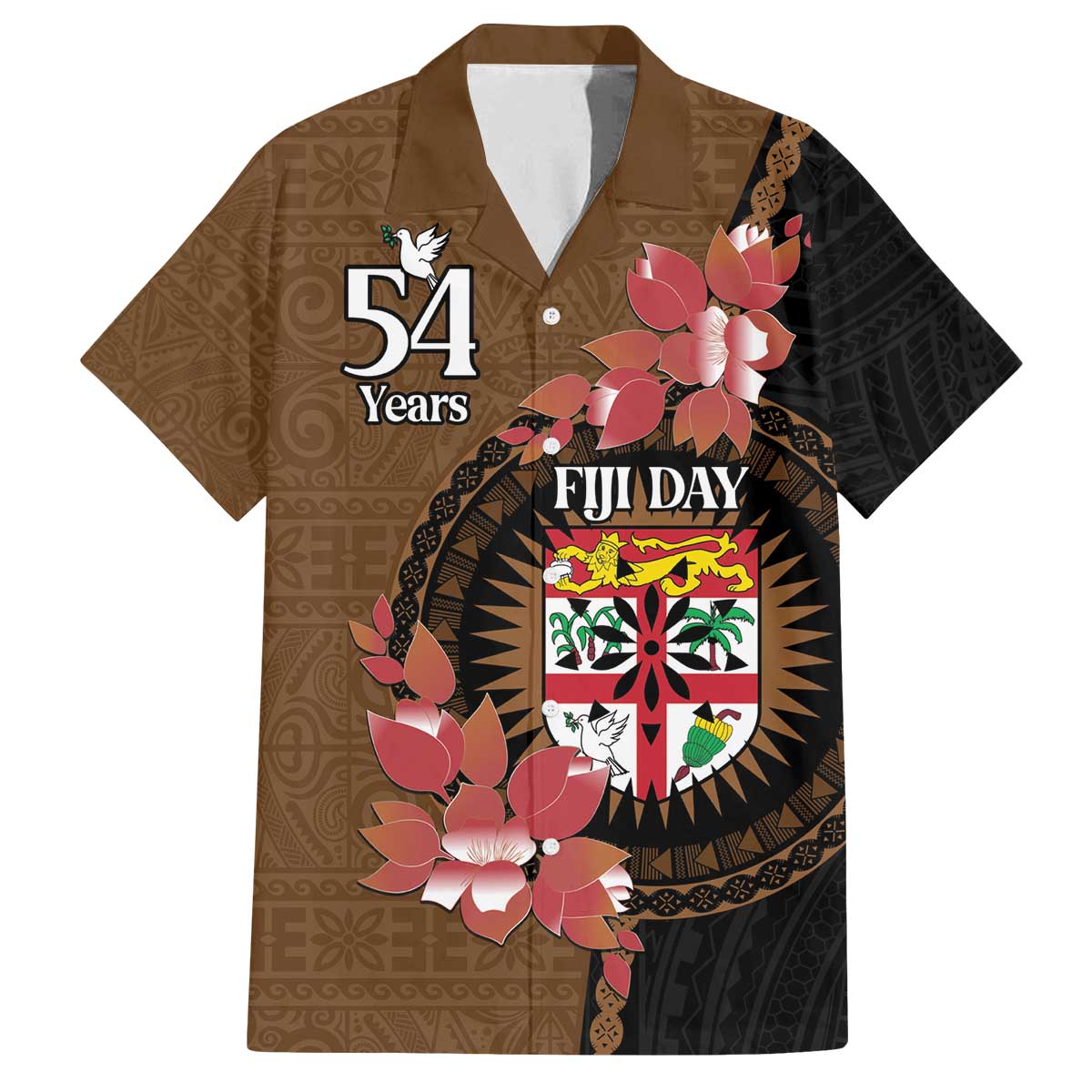 Personalised Fiji Day Family Matching Off Shoulder Short Dress and Hawaiian Shirt Fijian Tapa Pattern Mix Tagimoucia - Brown Version