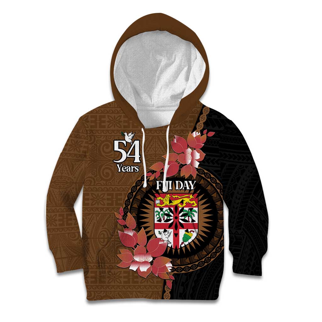 Personalised Fiji Day Kid Hoodie Fijian Tapa Pattern Mix Tagimoucia - Brown Version