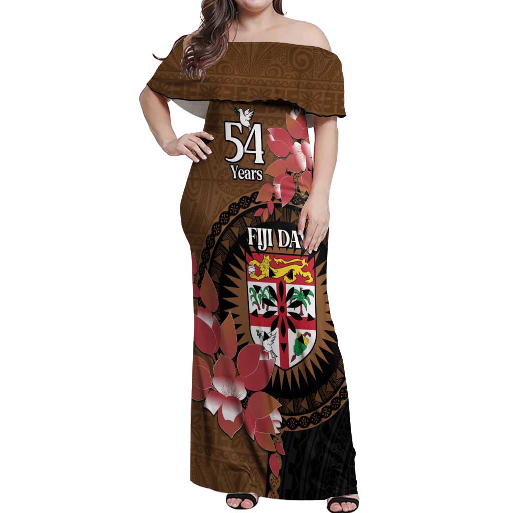 Personalised Fiji Day Off Shoulder Maxi Dress Fijian Tapa Pattern Mix Tagimoucia - Brown Version