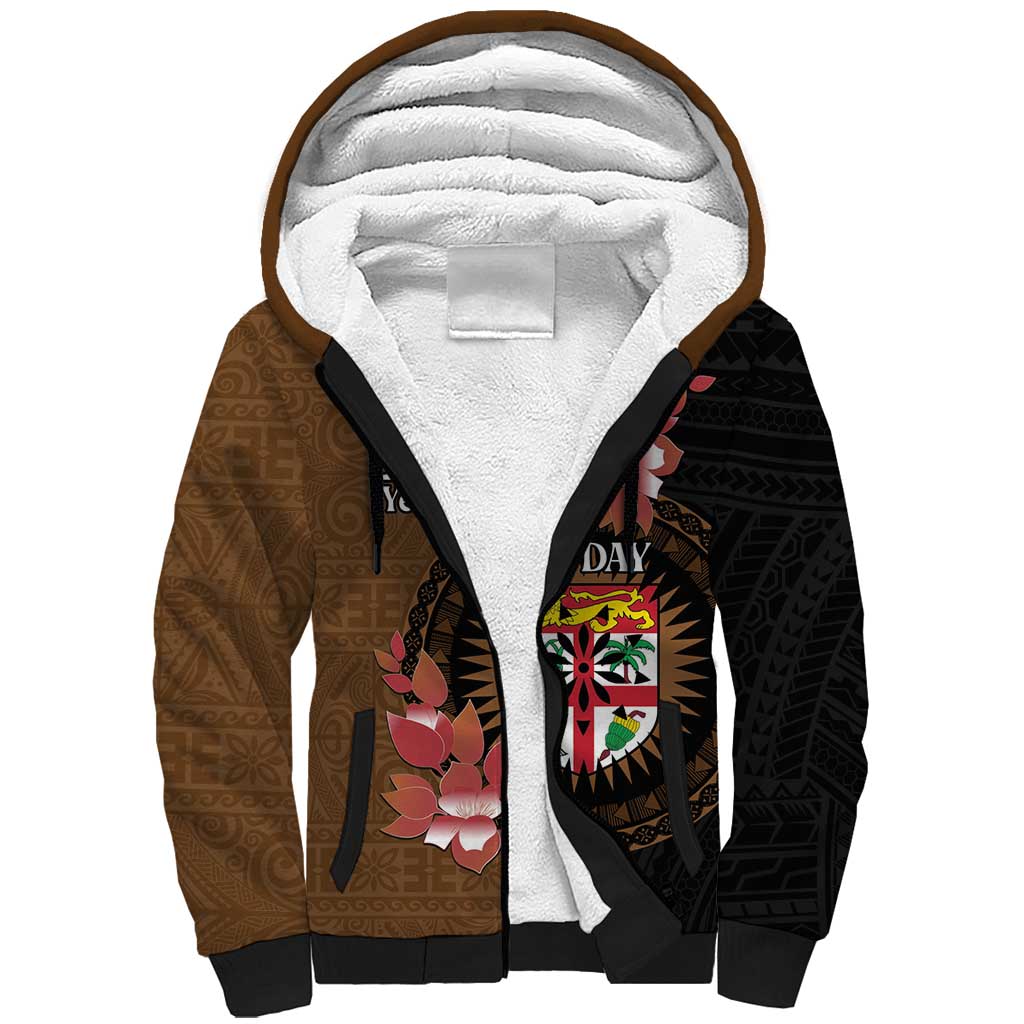 Personalised Fiji Day Sherpa Hoodie Fijian Tapa Pattern Mix Tagimoucia - Brown Version