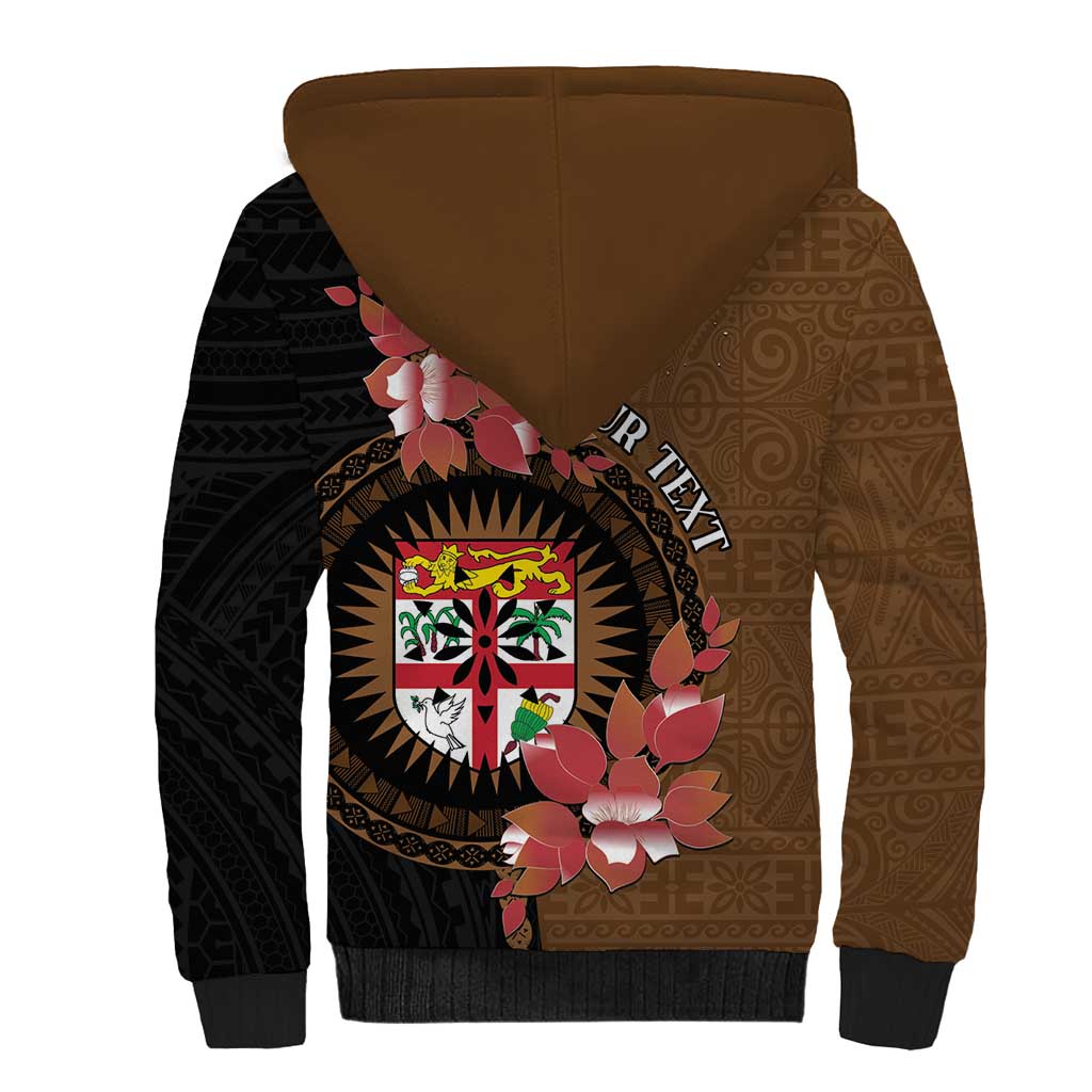 Personalised Fiji Day Sherpa Hoodie Fijian Tapa Pattern Mix Tagimoucia - Brown Version