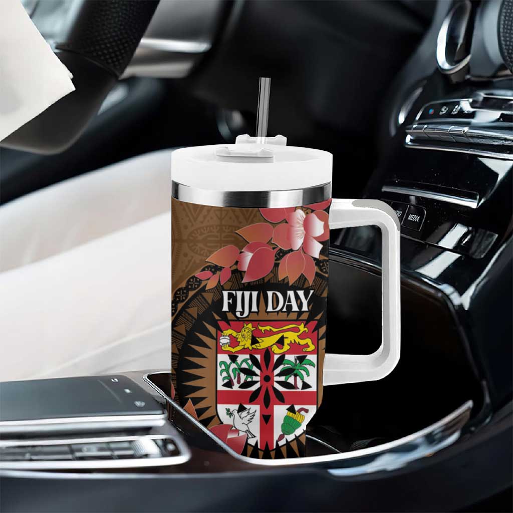 Personalised Fiji Day Tumbler With Handle Fijian Tapa Pattern Mix Tagimoucia - Brown Version