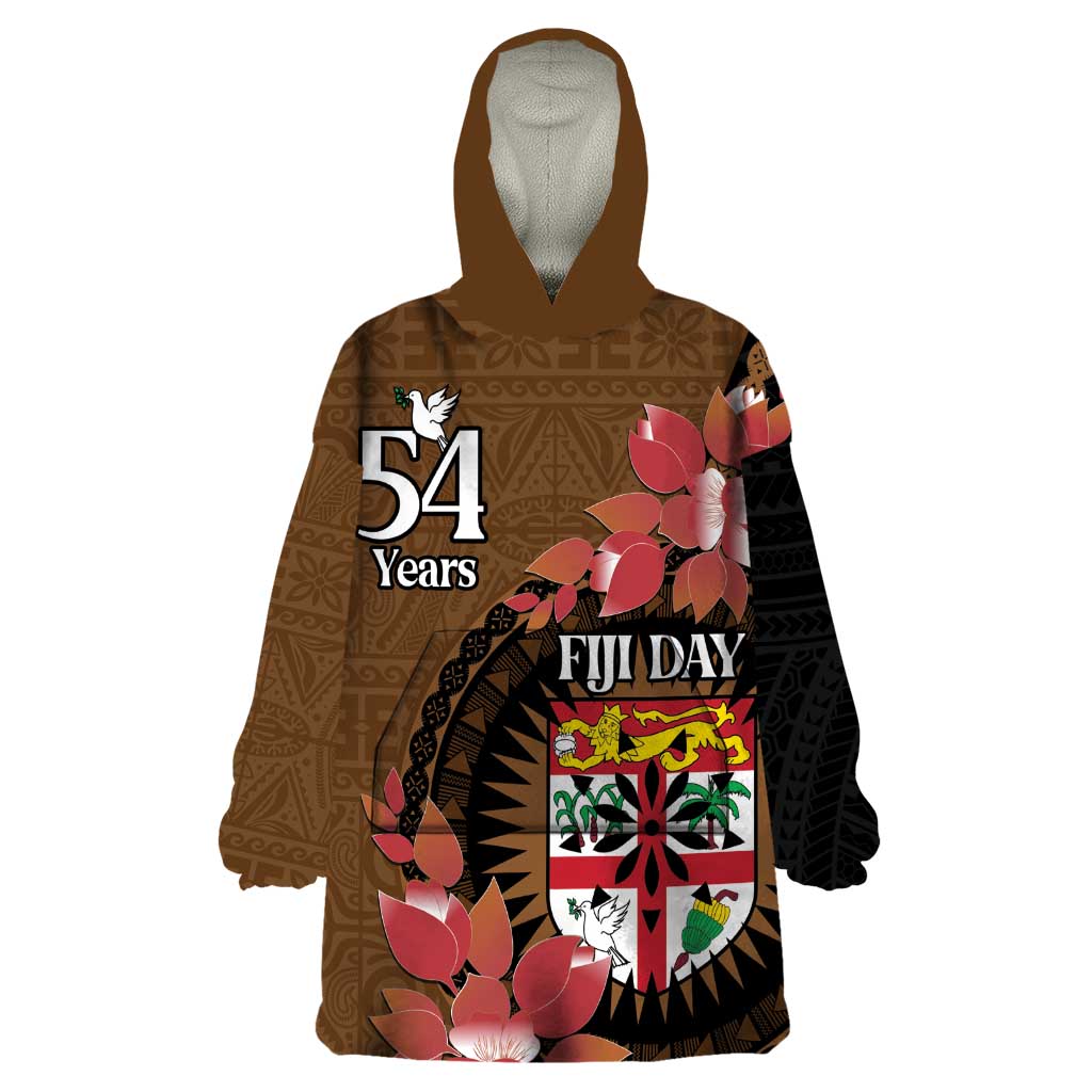 Personalised Fiji Day Wearable Blanket Hoodie Fijian Tapa Pattern Mix Tagimoucia - Brown Version