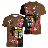 Personalised Fiji Day Women V-Neck T-Shirt Fijian Tapa Pattern Mix Tagimoucia - Brown Version