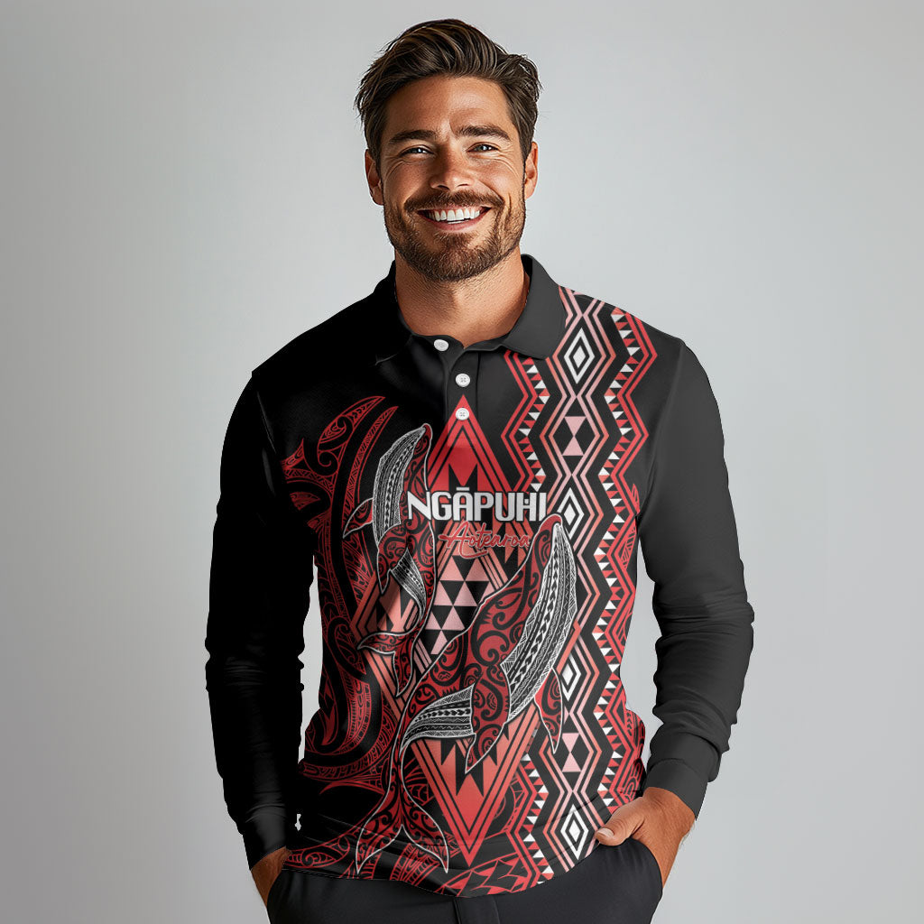Aotearoa Iwi Ngapuhi Personalised Long Sleeve Polo Shirt NZ Maori Humpback Whale Taniko Motifs LT14 - Polynesian Pride