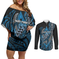 Aotearoa Iwi Ngati Porou Personalised Couples Matching Off Shoulder Short Dress and Long Sleeve Button Shirt NZ Maori Humpback Whale Taniko Motifs LT14 Blue - Polynesian Pride