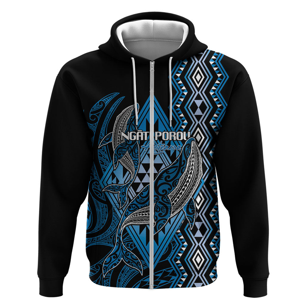 Aotearoa Iwi Ngati Porou Personalised Hoodie NZ Maori Humpback Whale Taniko Motifs LT14 Zip Hoodie Blue - Polynesian Pride