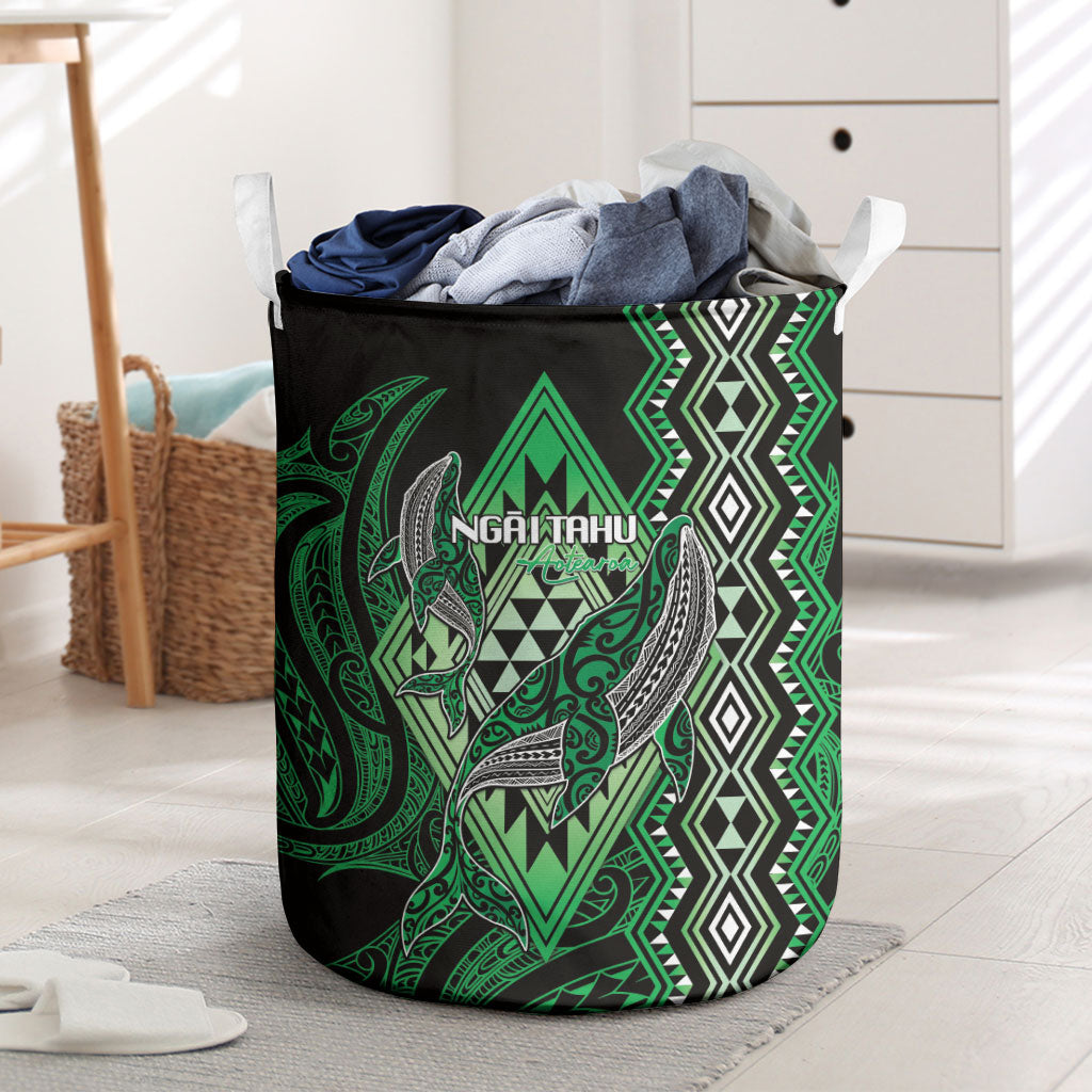 Aotearoa Iwi Ngai Tahu Laundry Basket NZ Maori Humpback Whale Taniko Motifs LT14 Green - Polynesian Pride