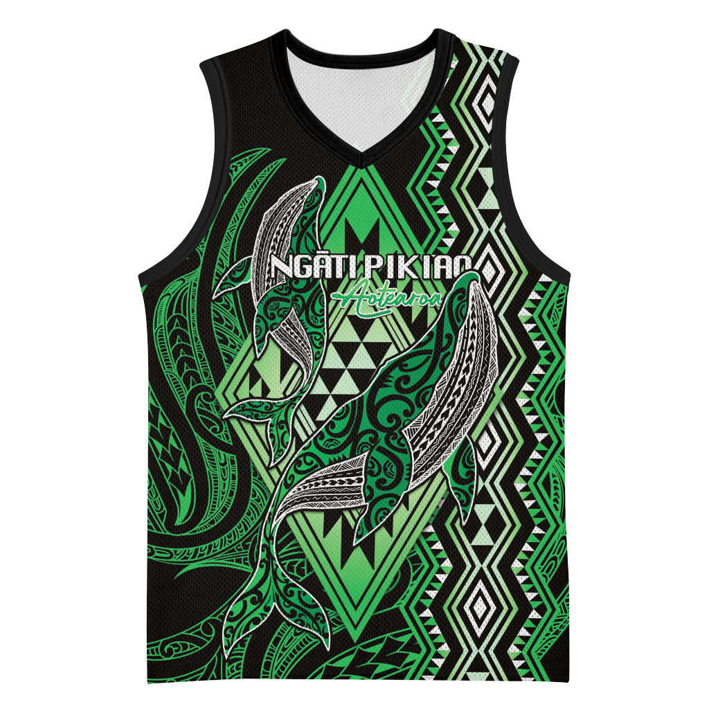 Aotearoa Iwi Ngati Pikiao Personalised Basketball Jersey NZ Maori Humpback Whale Taniko Motifs LT14 Unisex Green - Polynesian Pride