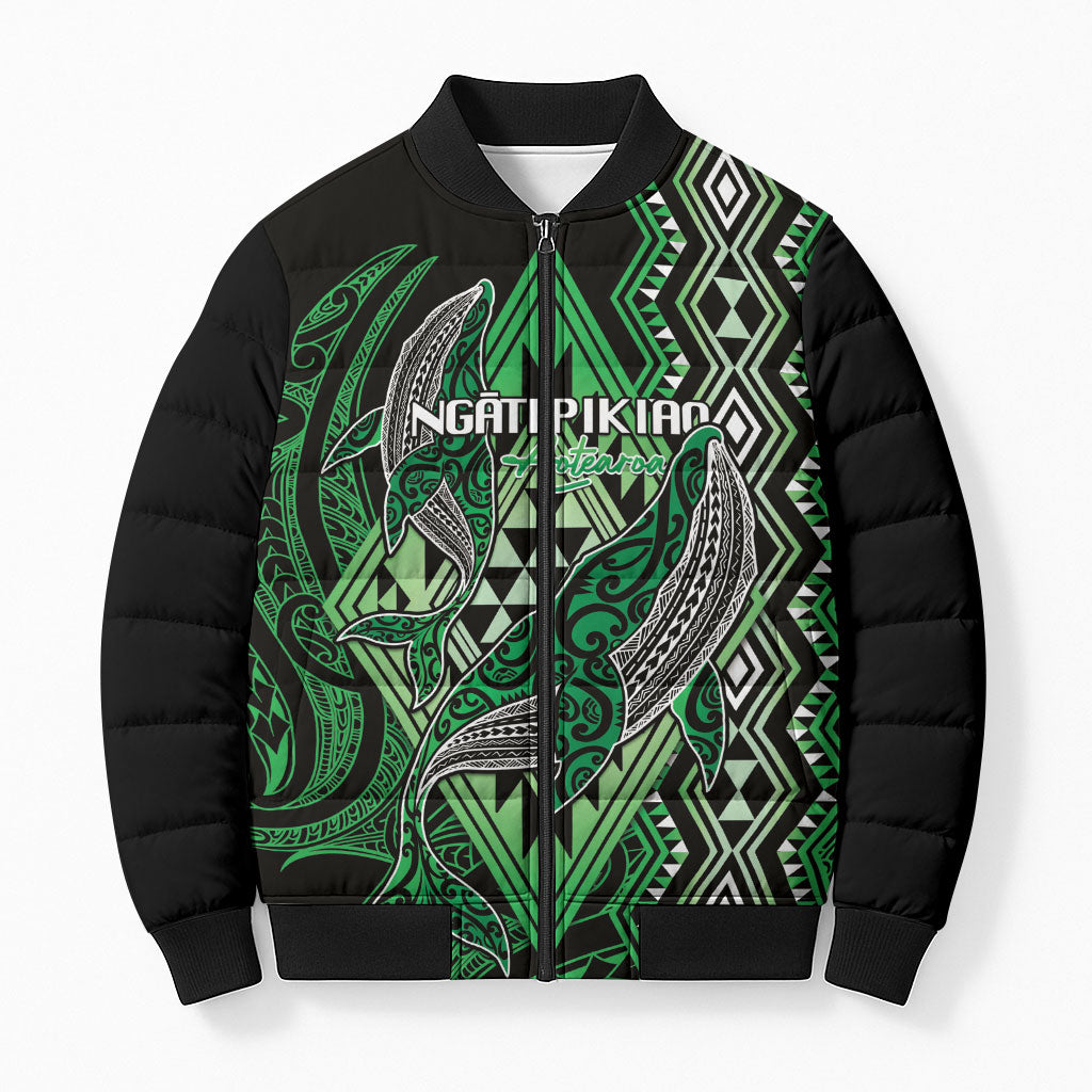 Aotearoa Iwi Ngati Pikiao Personalised Bomber Puffer Jacket NZ Maori Humpback Whale Taniko Motifs LT14 Unisex Green - Polynesian Pride