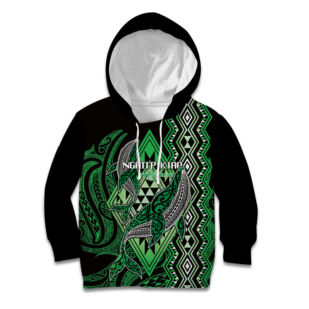 Aotearoa Iwi Ngati Pikiao Personalised Kid Hoodie NZ Maori Humpback Whale Taniko Motifs LT14 Hoodie Green - Polynesian Pride