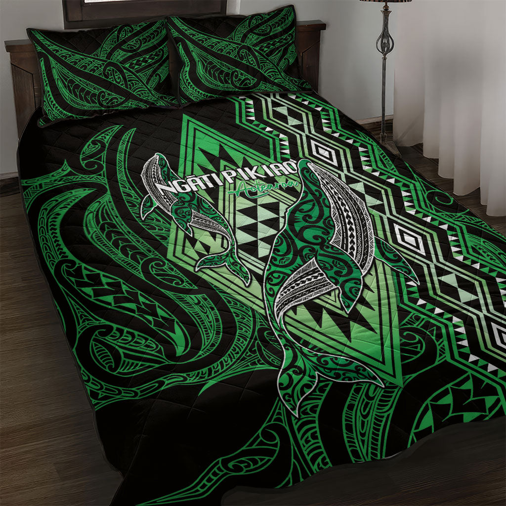 Aotearoa Iwi Ngati Pikiao Quilt Bed Set NZ Maori Humpback Whale Taniko Motifs LT14 Green - Polynesian Pride