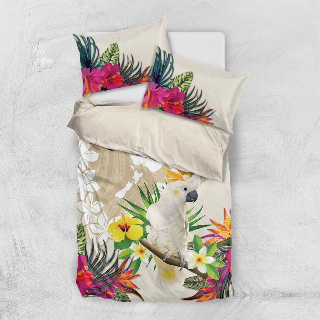 New Zealand Cacatua Galerita Bedding Set Aotearoa Cockatoo Tropical Flowers