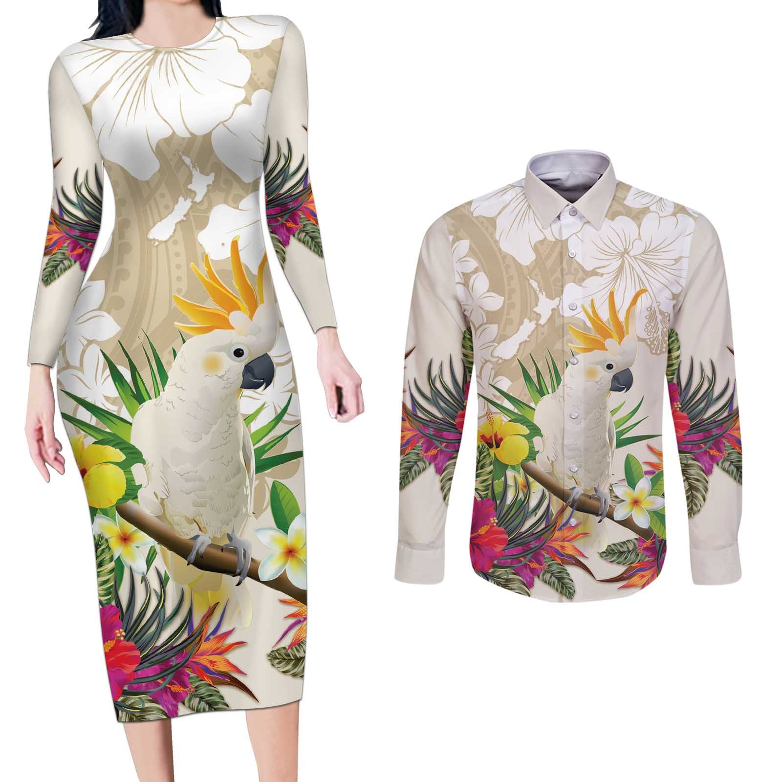New Zealand Cacatua Galerita Couples Matching Long Sleeve Bodycon Dress and Long Sleeve Button Shirt Aotearoa Cockatoo Tropical Flowers
