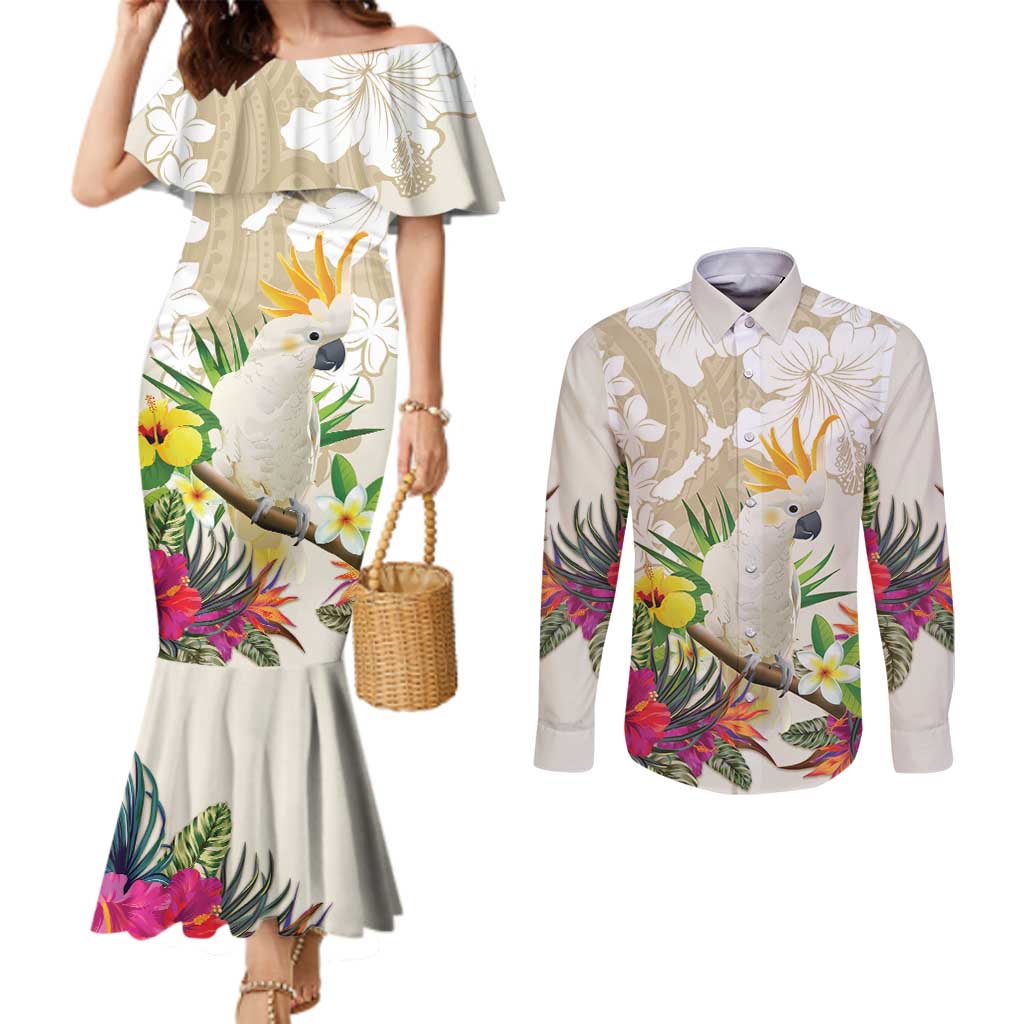 New Zealand Cacatua Galerita Couples Matching Mermaid Dress and Long Sleeve Button Shirt Aotearoa Cockatoo Tropical Flowers