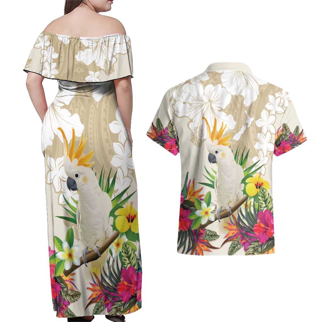New Zealand Cacatua Galerita Couples Matching Off Shoulder Maxi Dress and Hawaiian Shirt Aotearoa Cockatoo Tropical Flowers LT14 - Polynesian Pride