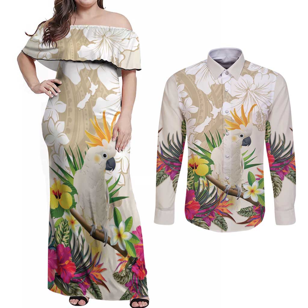 New Zealand Cacatua Galerita Couples Matching Off Shoulder Maxi Dress and Long Sleeve Button Shirt Aotearoa Cockatoo Tropical Flowers