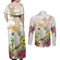 New Zealand Cacatua Galerita Couples Matching Off Shoulder Maxi Dress and Long Sleeve Button Shirt Aotearoa Cockatoo Tropical Flowers