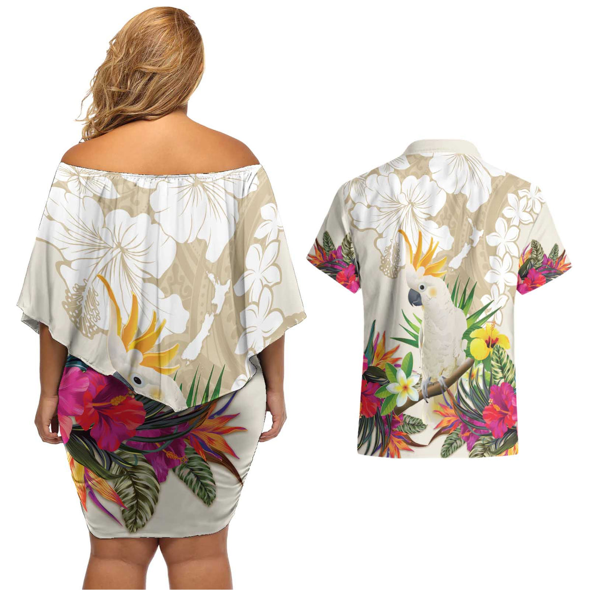New Zealand Cacatua Galerita Couples Matching Off Shoulder Short Dress and Hawaiian Shirt Aotearoa Cockatoo Tropical Flowers