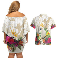 New Zealand Cacatua Galerita Couples Matching Off Shoulder Short Dress and Hawaiian Shirt Aotearoa Cockatoo Tropical Flowers