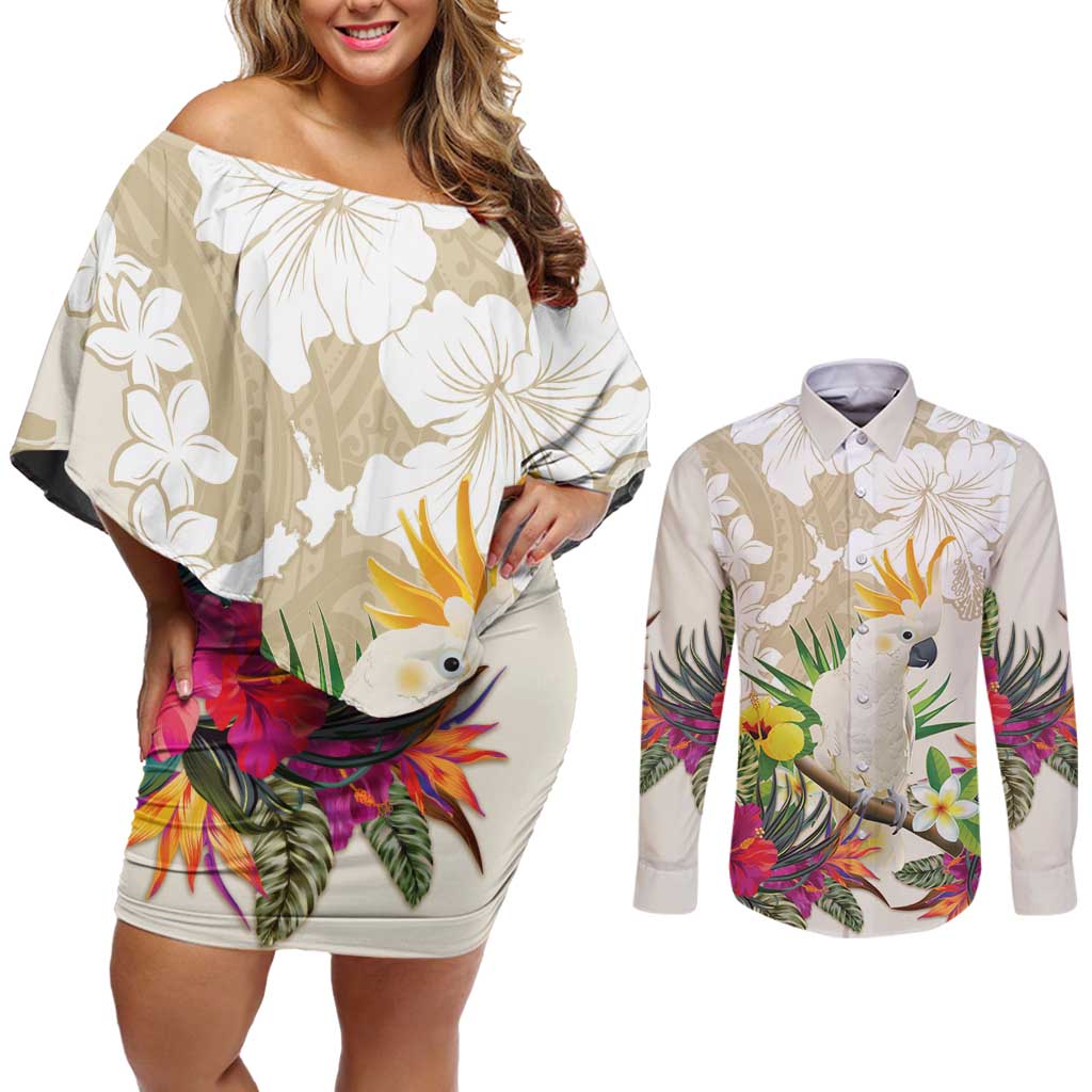 New Zealand Cacatua Galerita Couples Matching Off Shoulder Short Dress and Long Sleeve Button Shirt Aotearoa Cockatoo Tropical Flowers