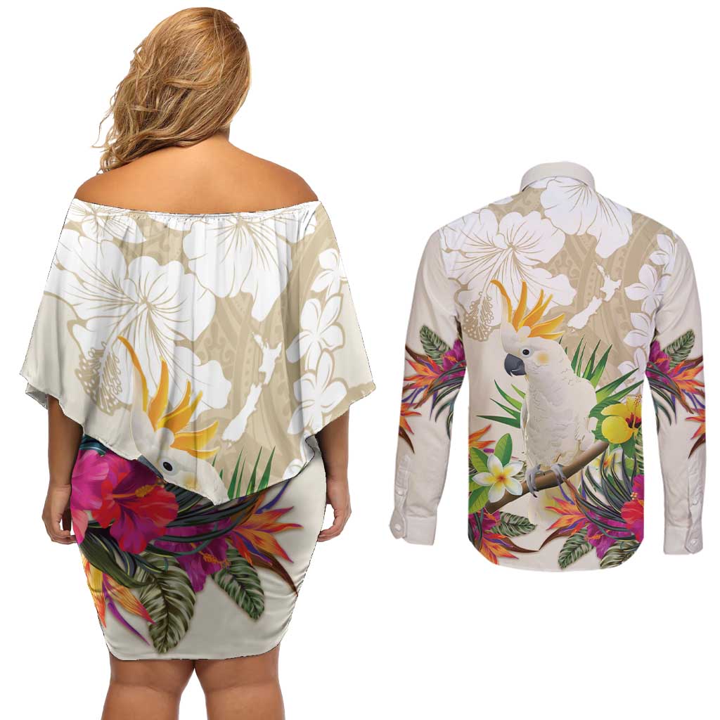 New Zealand Cacatua Galerita Couples Matching Off Shoulder Short Dress and Long Sleeve Button Shirt Aotearoa Cockatoo Tropical Flowers