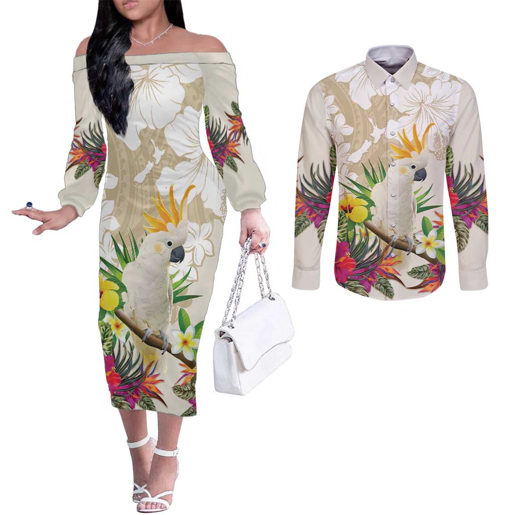 New Zealand Cacatua Galerita Couples Matching Off The Shoulder Long Sleeve Dress and Long Sleeve Button Shirt Aotearoa Cockatoo Tropical Flowers