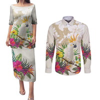 New Zealand Cacatua Galerita Couples Matching Puletasi and Long Sleeve Button Shirt Aotearoa Cockatoo Tropical Flowers