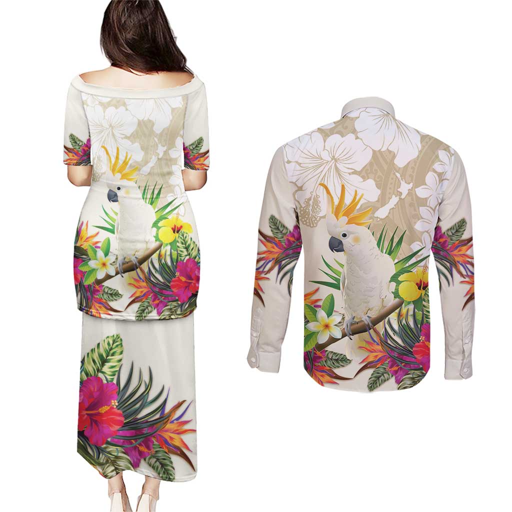 New Zealand Cacatua Galerita Couples Matching Puletasi and Long Sleeve Button Shirt Aotearoa Cockatoo Tropical Flowers