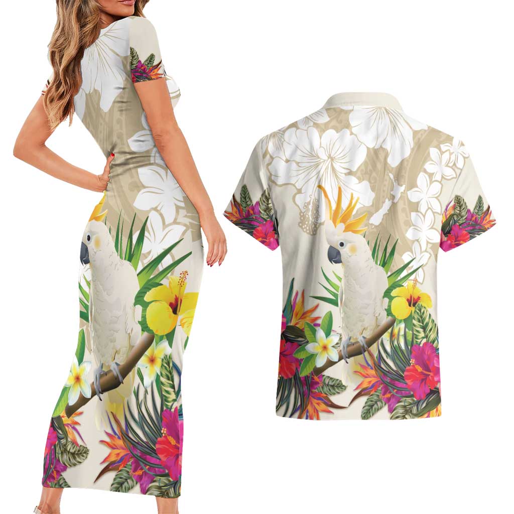 New Zealand Cacatua Galerita Couples Matching Short Sleeve Bodycon Dress and Hawaiian Shirt Aotearoa Cockatoo Tropical Flowers