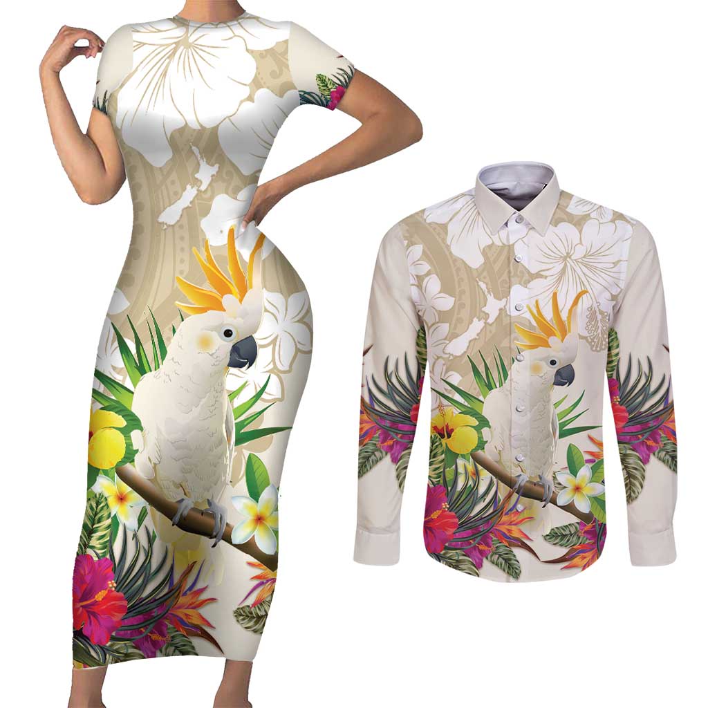 New Zealand Cacatua Galerita Couples Matching Short Sleeve Bodycon Dress and Long Sleeve Button Shirt Aotearoa Cockatoo Tropical Flowers