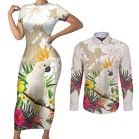 New Zealand Cacatua Galerita Couples Matching Short Sleeve Bodycon Dress and Long Sleeve Button Shirt Aotearoa Cockatoo Tropical Flowers