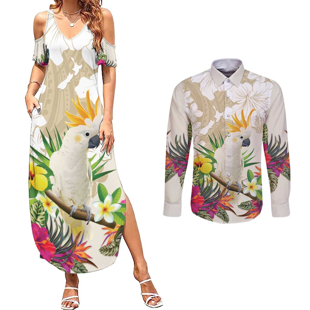 New Zealand Cacatua Galerita Couples Matching Summer Maxi Dress and Long Sleeve Button Shirt Aotearoa Cockatoo Tropical Flowers
