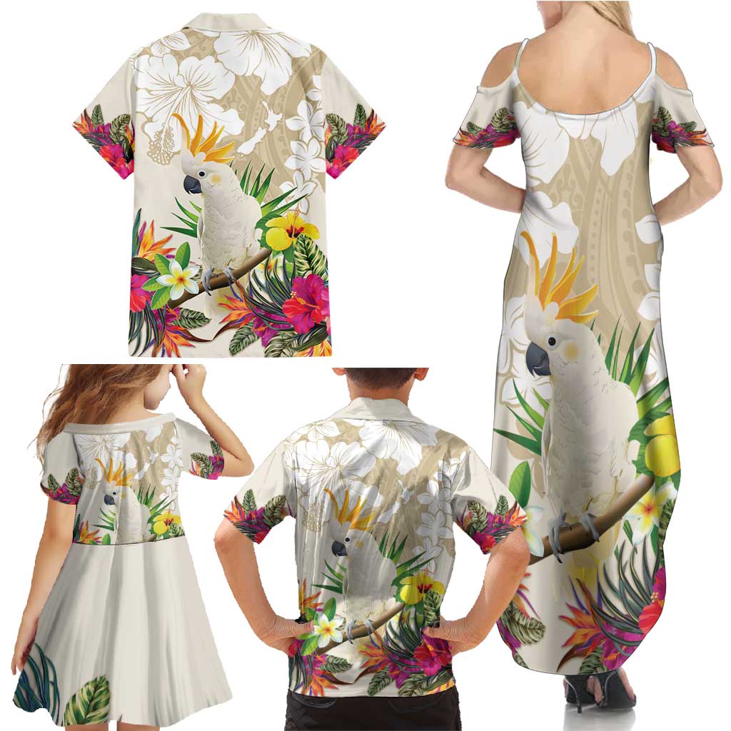 New Zealand Cacatua Galerita Family Matching Summer Maxi Dress and Hawaiian Shirt Aotearoa Cockatoo Tropical Flowers
