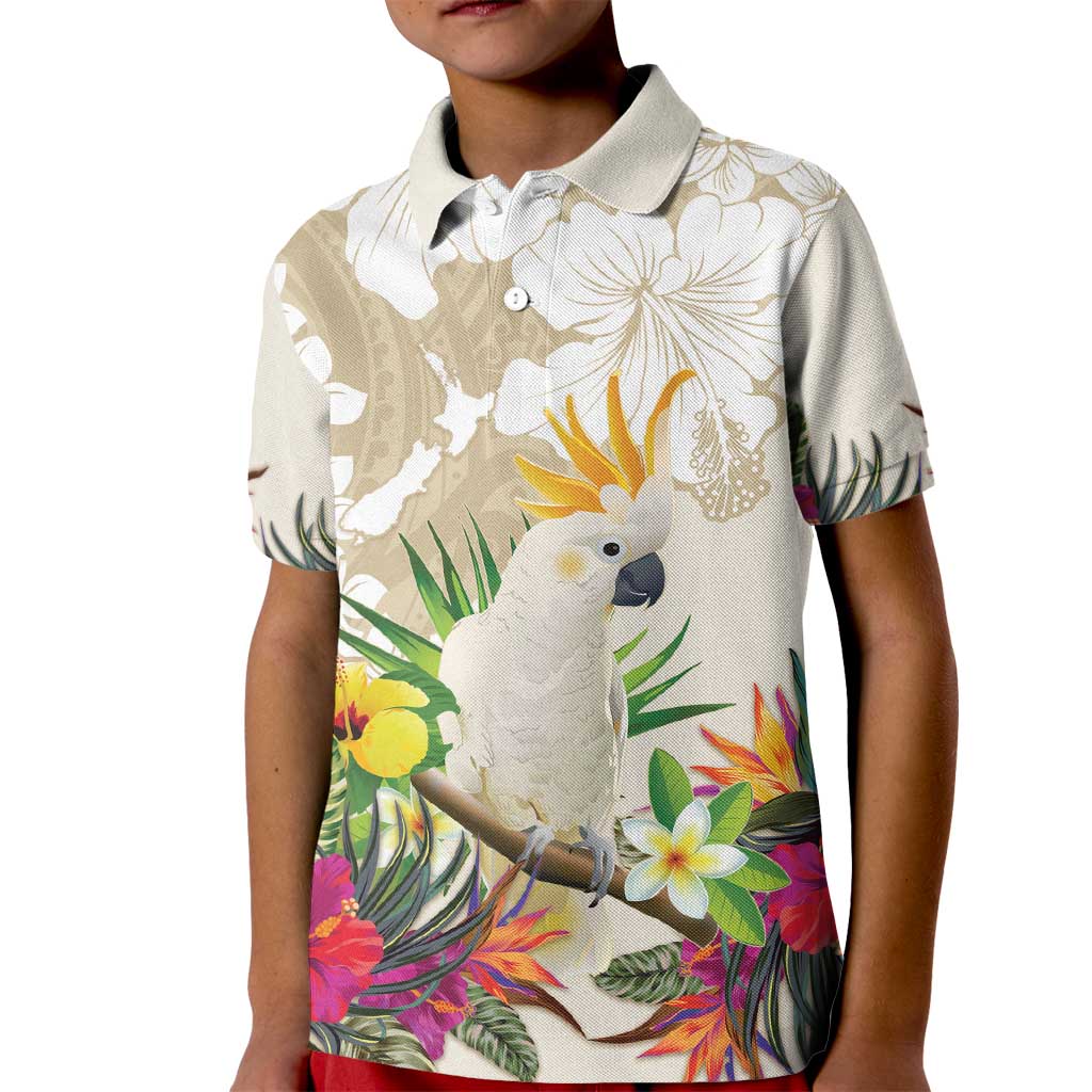 New Zealand Cacatua Galerita Kid Polo Shirt Aotearoa Cockatoo Tropical Flowers LT14 Kid Beige - Polynesian Pride