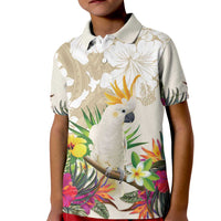 New Zealand Cacatua Galerita Kid Polo Shirt Aotearoa Cockatoo Tropical Flowers LT14 Kid Beige - Polynesian Pride