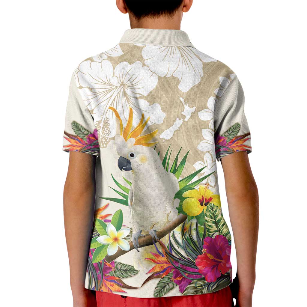 New Zealand Cacatua Galerita Kid Polo Shirt Aotearoa Cockatoo Tropical Flowers LT14 - Polynesian Pride