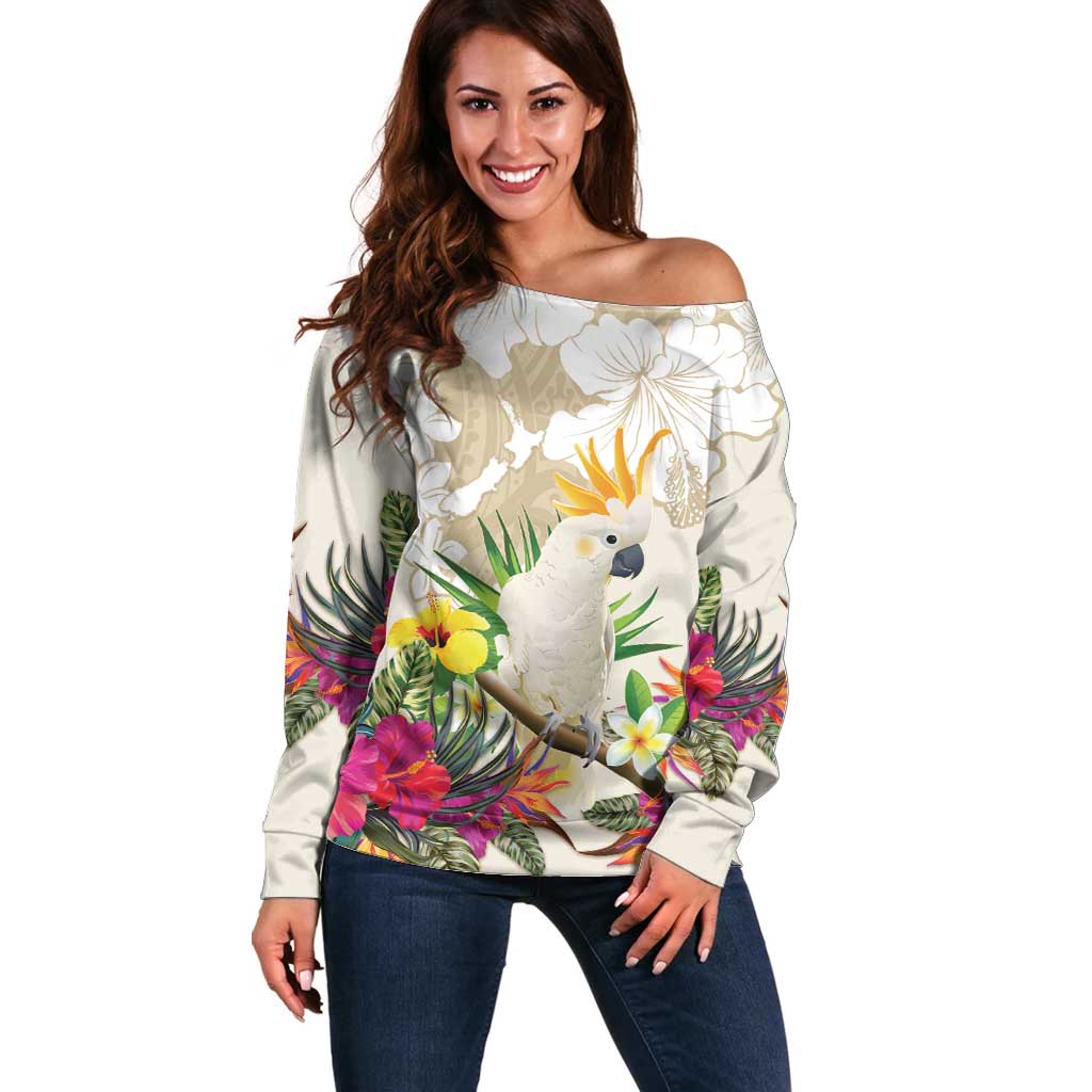 New Zealand Cacatua Galerita Off Shoulder Sweater Aotearoa Cockatoo Tropical Flowers