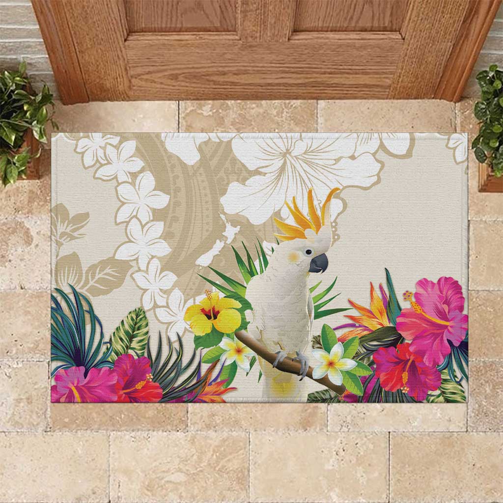 New Zealand Cacatua Galerita Rubber Doormat Aotearoa Cockatoo Tropical Flowers LT14 Beige - Polynesian Pride