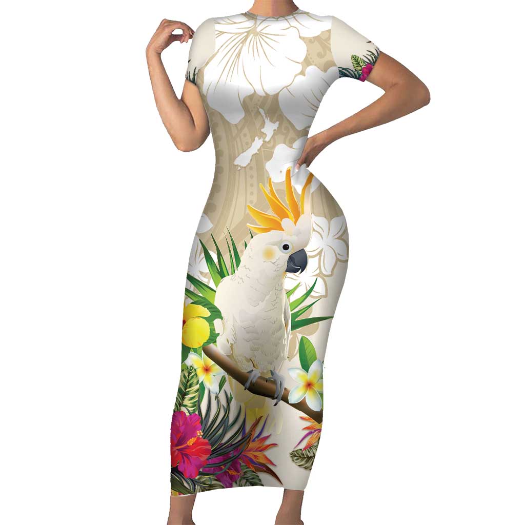 New Zealand Cacatua Galerita Short Sleeve Bodycon Dress Aotearoa Cockatoo Tropical Flowers