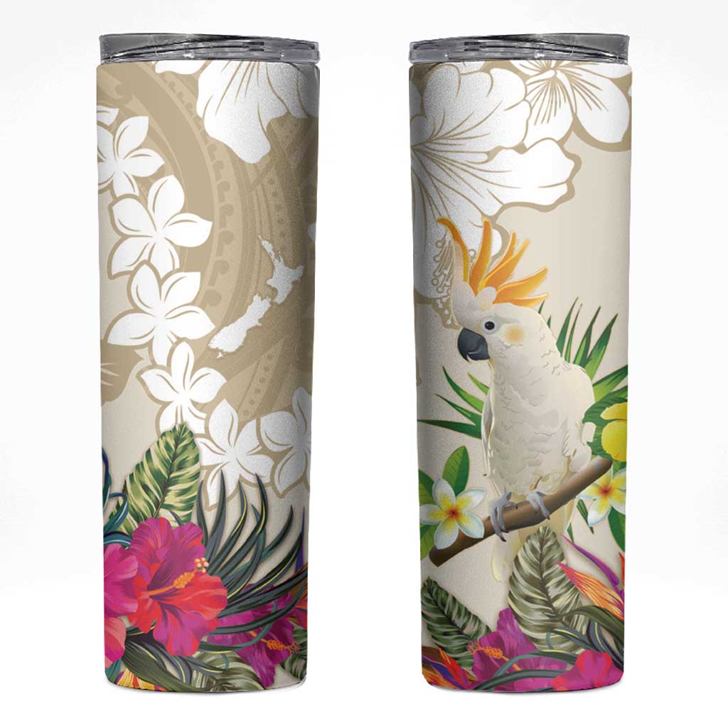 New Zealand Cacatua Galerita Skinny Tumbler Aotearoa Cockatoo Tropical Flowers LT14 Beige - Polynesian Pride