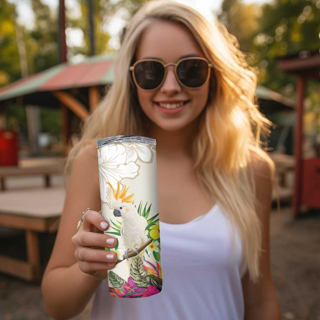 New Zealand Cacatua Galerita Skinny Tumbler Aotearoa Cockatoo Tropical Flowers LT14 - Polynesian Pride