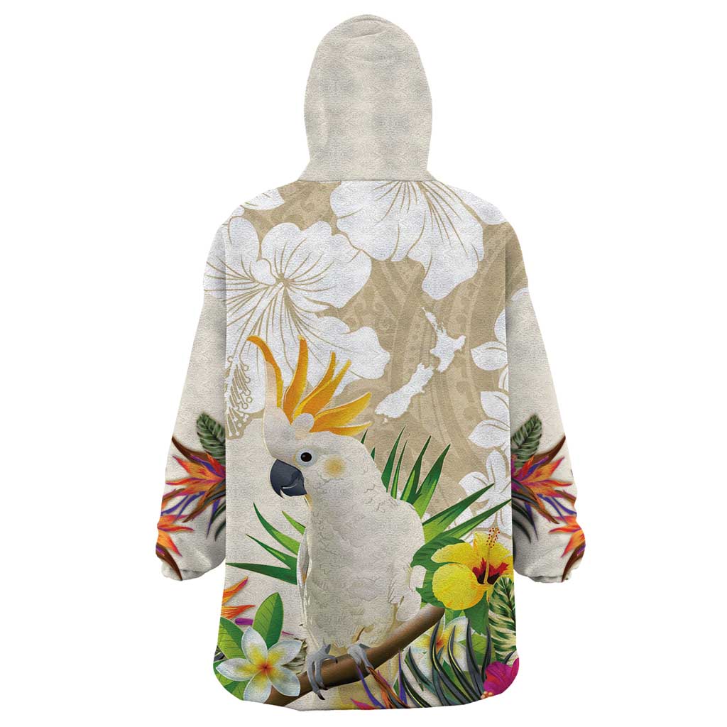 New Zealand Cacatua Galerita Wearable Blanket Hoodie Aotearoa Cockatoo Tropical Flowers LT14 - Polynesian Pride