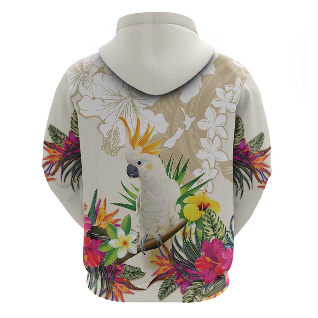 New Zealand Cacatua Galerita Zip Hoodie Aotearoa Cockatoo Tropical Flowers