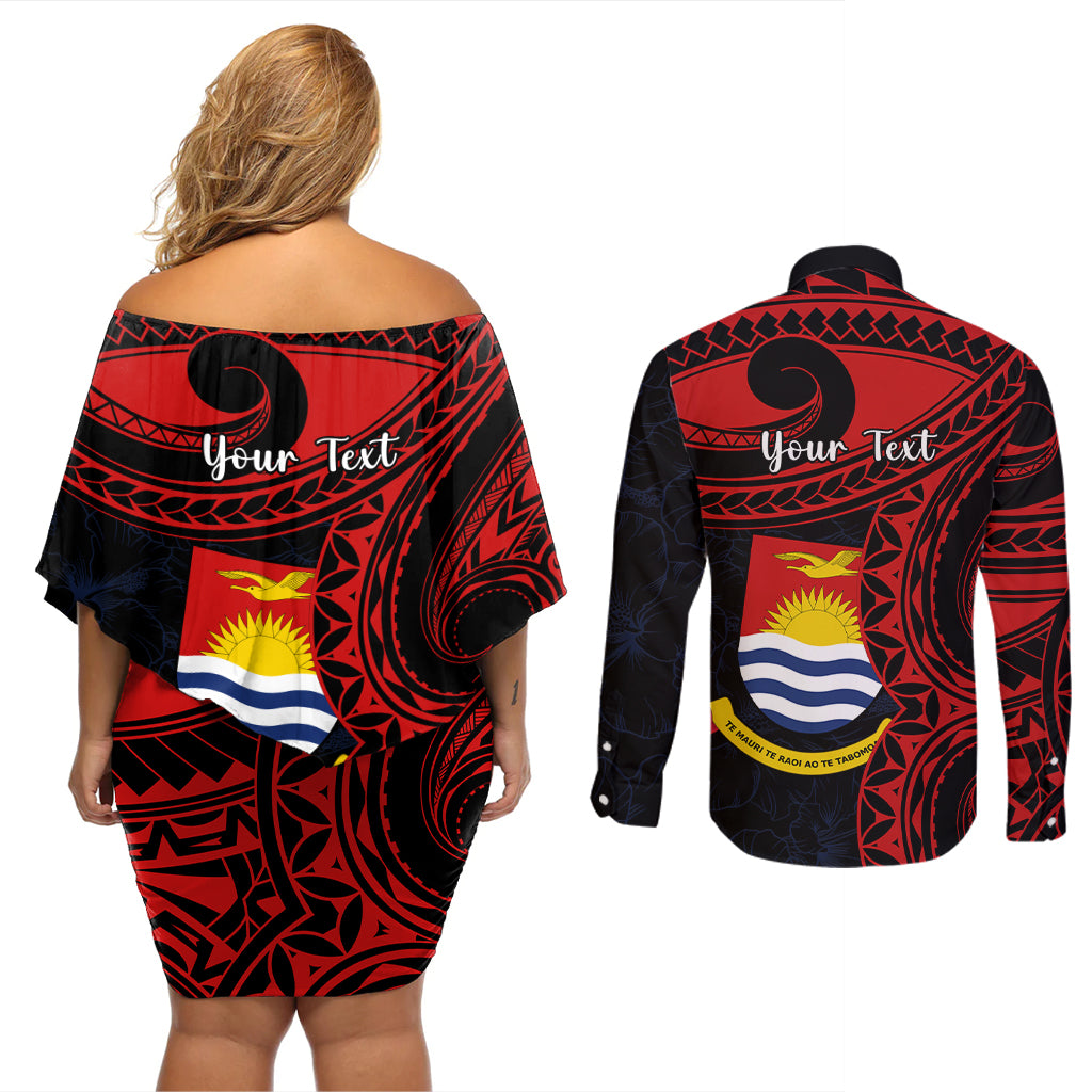 Personalised Kiribati Human Rights Day Couples Matching Off Shoulder Short Dress and Long Sleeve Button Shirt Coat Of Arms With Polynesian Tropical Flowers LT14 - Polynesian Pride