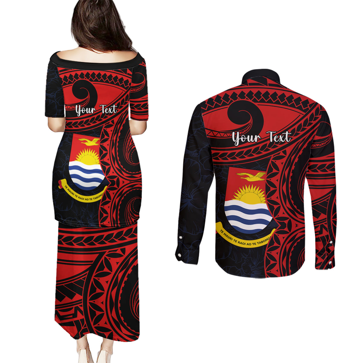 Personalised Kiribati Human Rights Day Couples Matching Puletasi Dress and Long Sleeve Button Shirt Coat Of Arms With Polynesian Tropical Flowers LT14 - Polynesian Pride