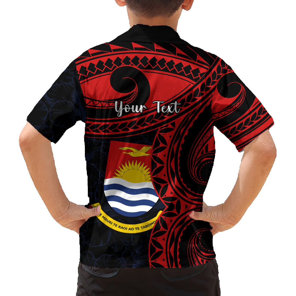 Personalised Kiribati Human Rights Day Family Matching Off Shoulder Long Sleeve Dress and Hawaiian Shirt Coat Of Arms With Polynesian Tropical Flowers LT14 - Polynesian Pride